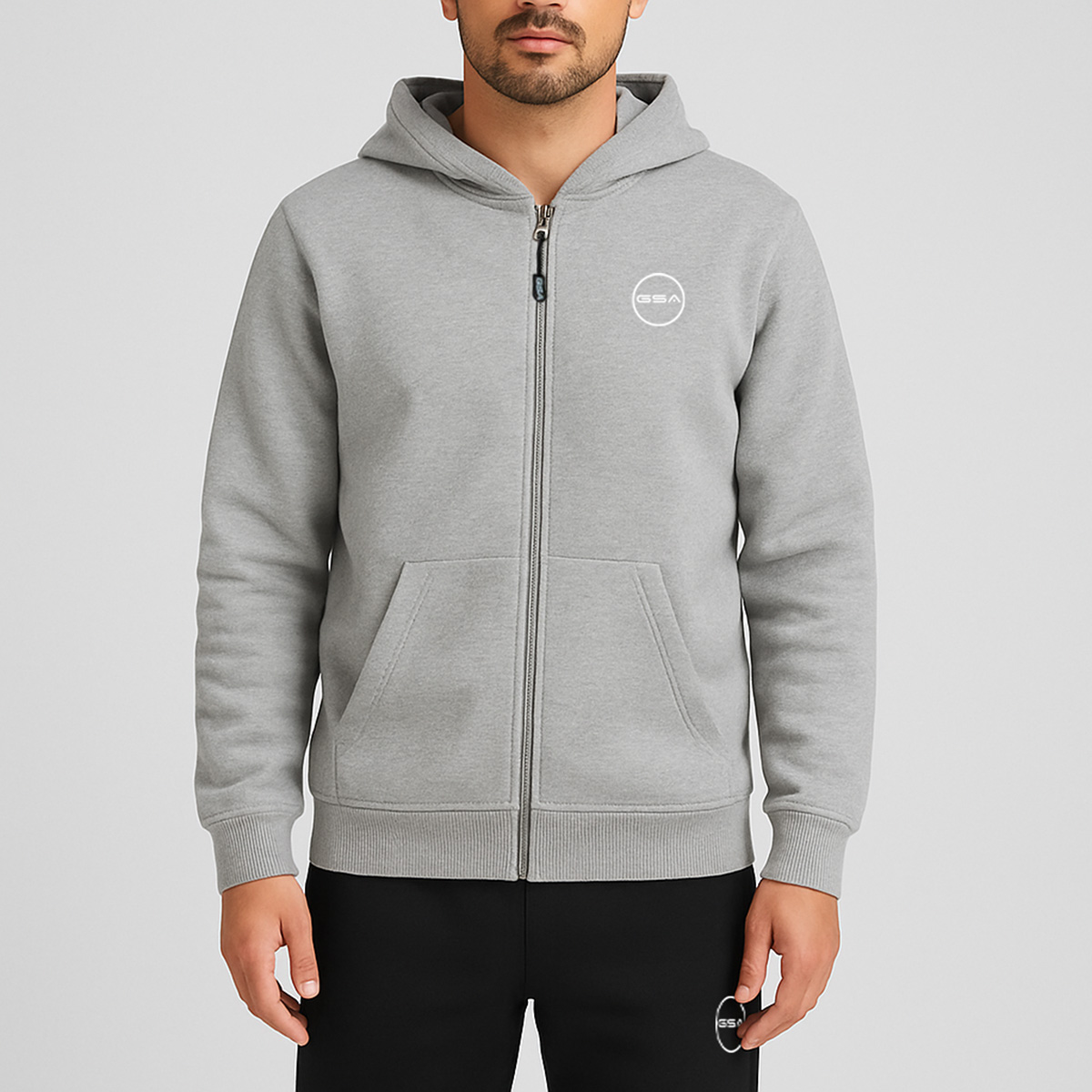 GA12503-GREY-SILVER-1 GSA Supercotton Men's Fleece Hooded Jacket - Image 1