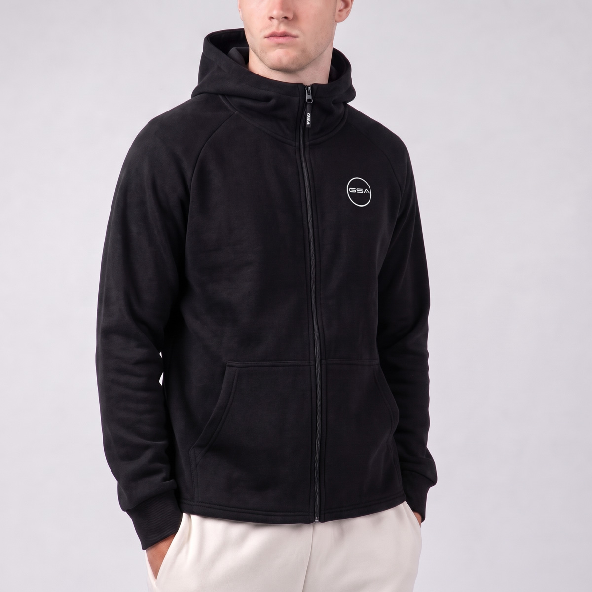 GA12504-BLACK-1b-NEW GSA Supercotton Men's Asymmetric Fleece Jacket Loose Fit - Image 1