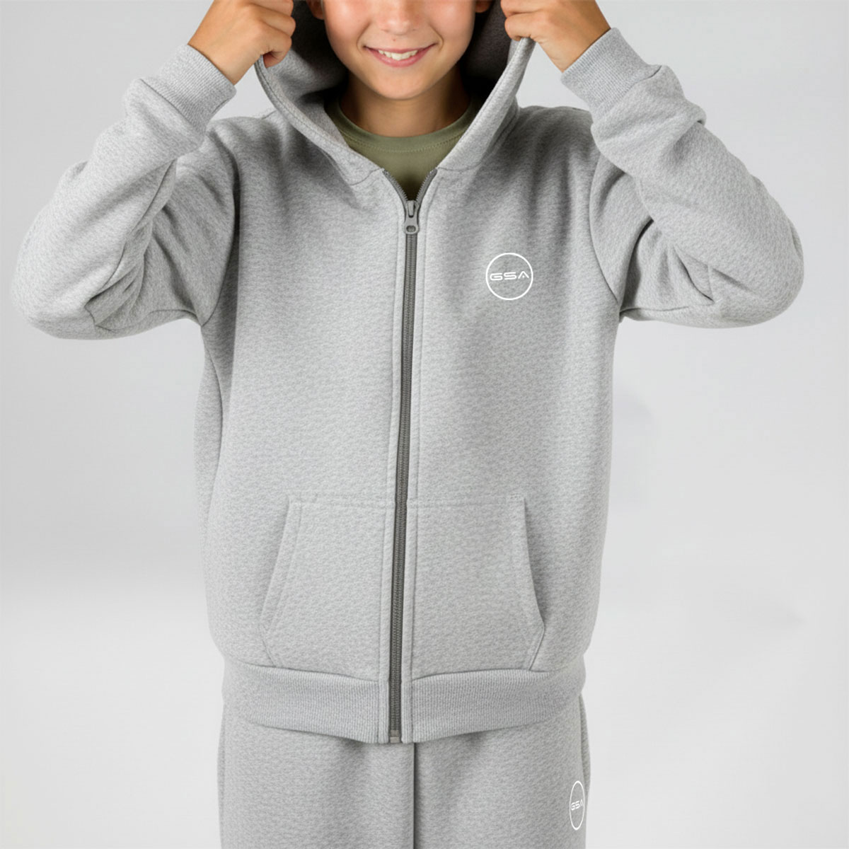 GA32501-GREY-MELANGE-1 GSA Kids' Unisex Fleece Hooded Jacket - Image 1