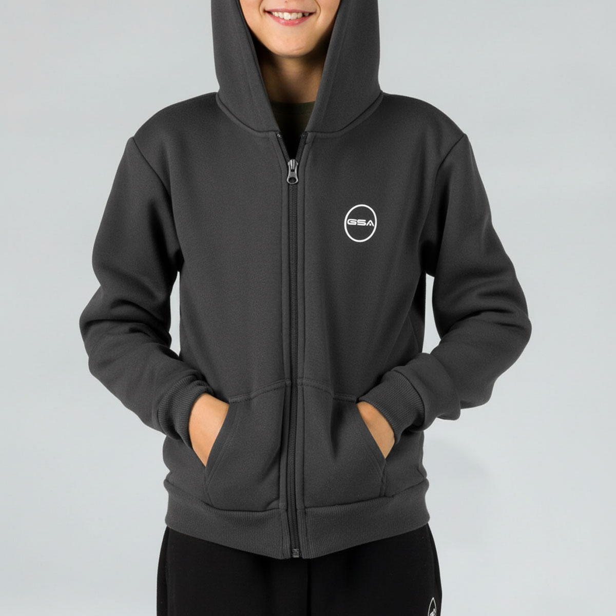 GA32501-CHARCOAL-1 GSA Kids' Unisex Fleece Hooded Jacket - Image 1